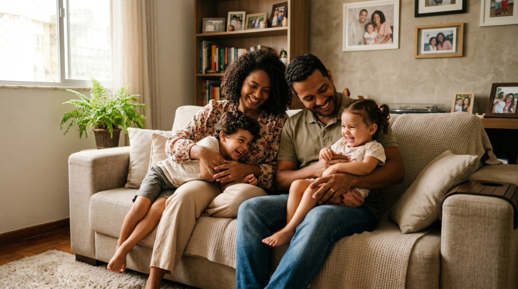 Fotografia realista e emocional de uma família jovem brasileira — pai, mãe e dois filhos pequenos — sentados juntos em um sofá confortável em uma sala de estar aconchegante. Luz natural suave de janela cria uma atmosfera de paz, segurança e amor. Os pais olham para os filhos com proteção e carinho. Ambiente limpo e acolhedor. Transmite segurança familiar, proteção financeira e tranquilidade. Tons quentes, estilo fotográfico de alta qualidade.