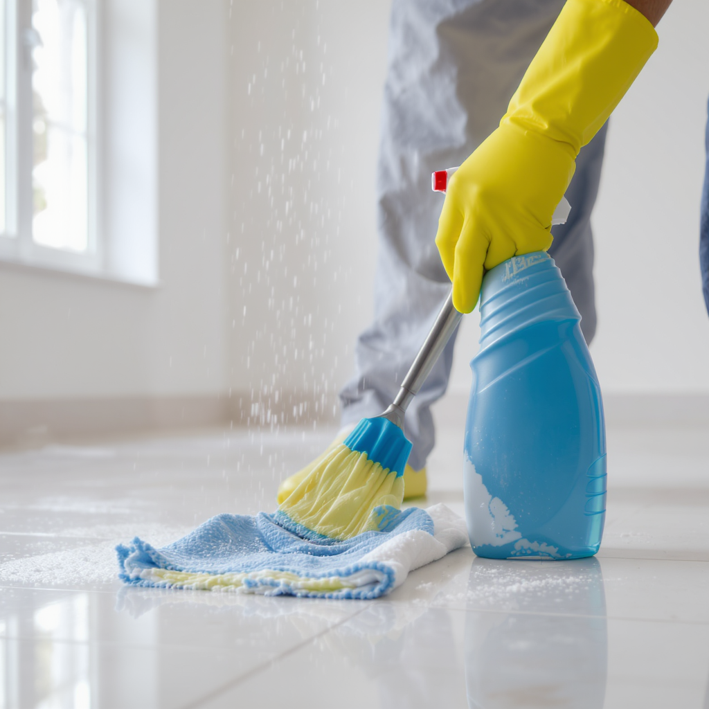 Pessoa realizando limpeza pós-obra em uma sala recém-reformada, com piso claro ainda com alguns respingos de tinta, usando luvas e segurando um balde com produtos de limpeza ao lado de um rodo e panos, enquanto ao fundo aparecem ferramentas e materiais de construção organizados, transmitindo a ideia de pós obra limpeza profissional e cuidadosa para deixar o imóvel pronto para uso.
