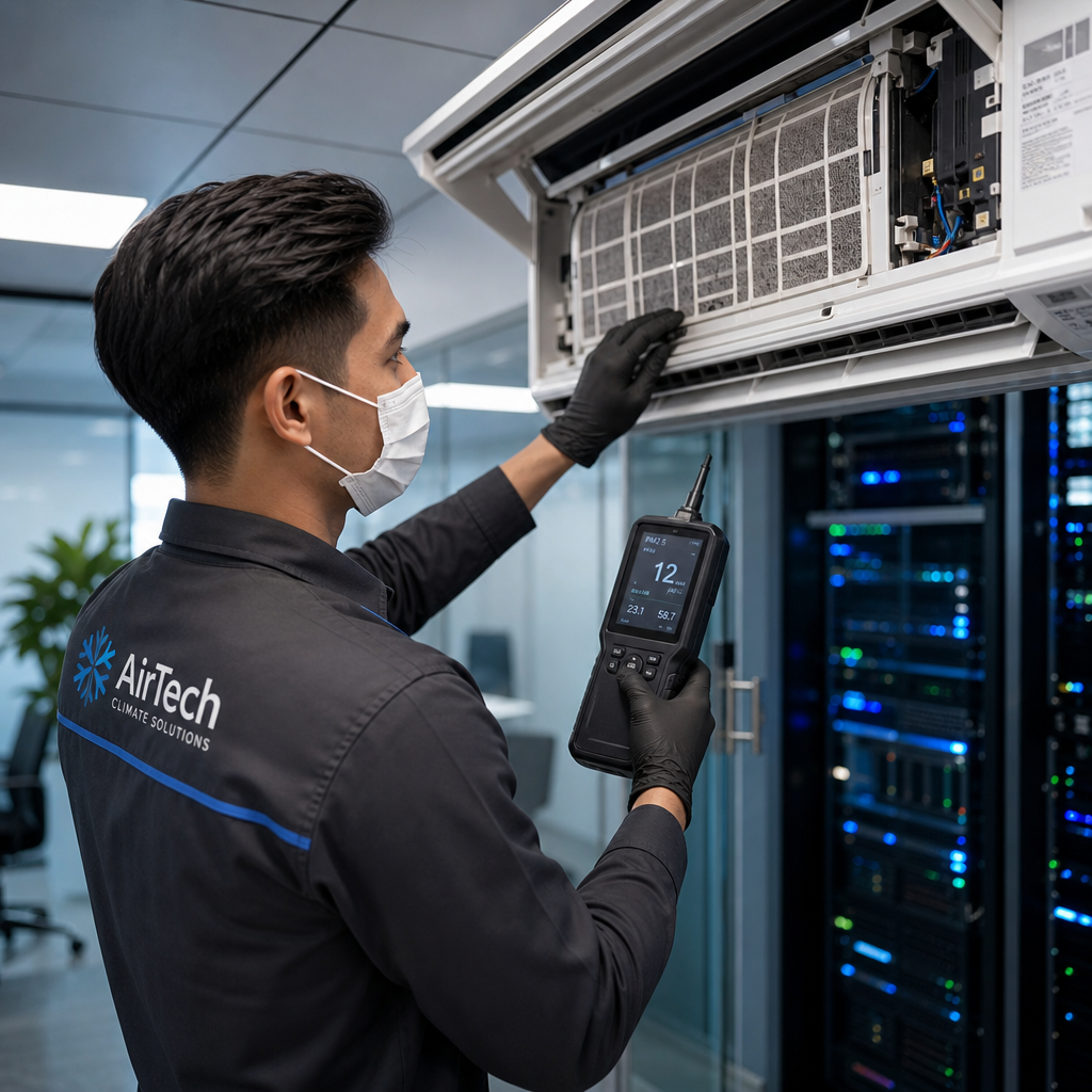 "Técnico de refrigeração utilizando máscara de proteção e equipamentos de medição digital para realizar a higienização técnica e auditoria de um sistema de ar condicionado central, garantindo a conformidade com o PMOC."