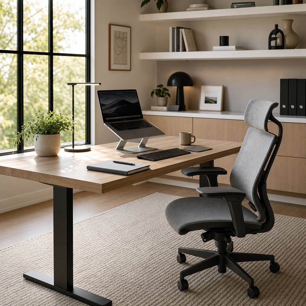 "Home office moderno e organizado com luz natural, mesa de madeira clara, cadeira ergonômica cinza, plantas decorativas e gestão de cabos impecável."