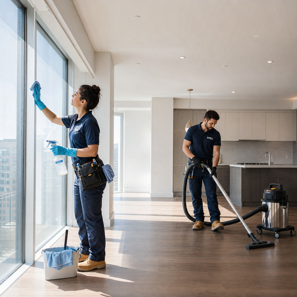 "Equipe de limpeza profissional realizando faxina pós-obra em apartamento moderno e iluminado. Uma mulher limpa cuidadosamente uma grande janela de vidro enquanto um homem utiliza um aspirador industrial em piso de madeira polida, com partículas de poeira visíveis sob um feixe de luz solar."