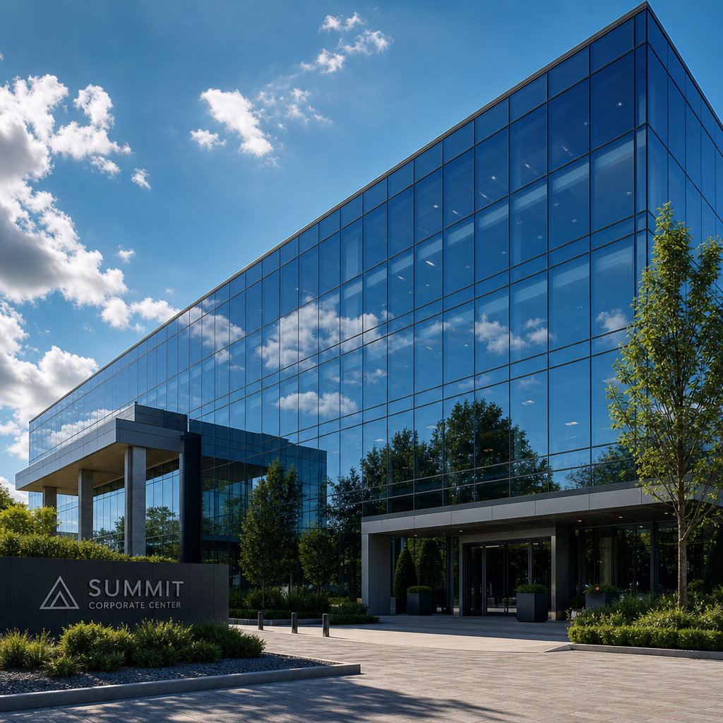 "Fachada de edifício corporativo moderno com vidros espelhados e translúcidos impecavelmente limpos, refletindo o céu azul e transmitindo um aspecto de alta tecnologia e sustentabilidade."