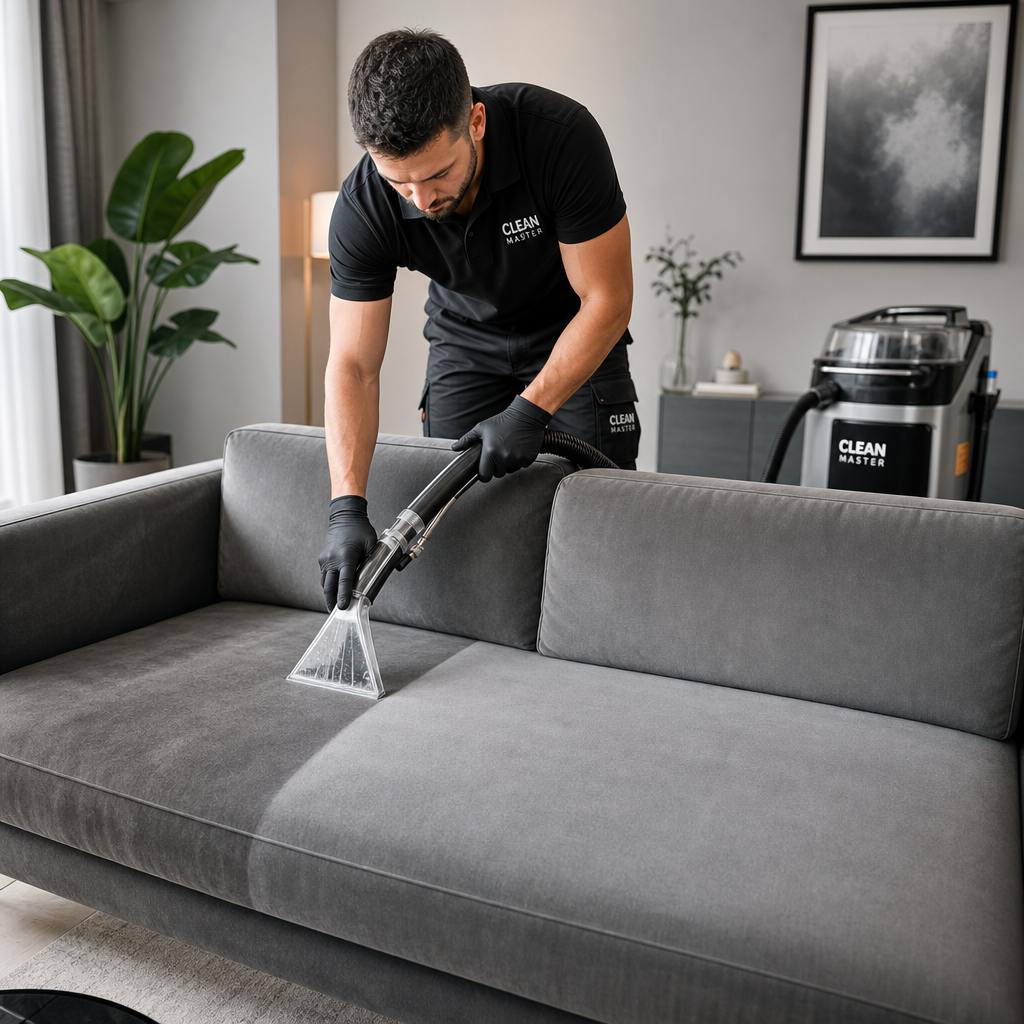 "Técnico profissional realizando a limpeza de um sofá de veludo cinza utilizando uma máquina extratora de alta performance, mostrando a remoção visível de sujidades e a revitalização do tecido."