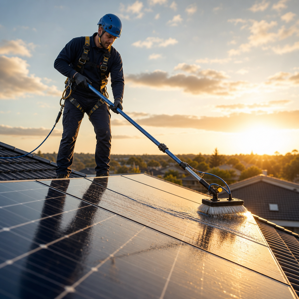 "Técnico especializado utilizando uma escova de cerdas macias e água deionizada para realizar a limpeza de painéis solares em um telhado residencial, sob a luz suave do amanhecer."