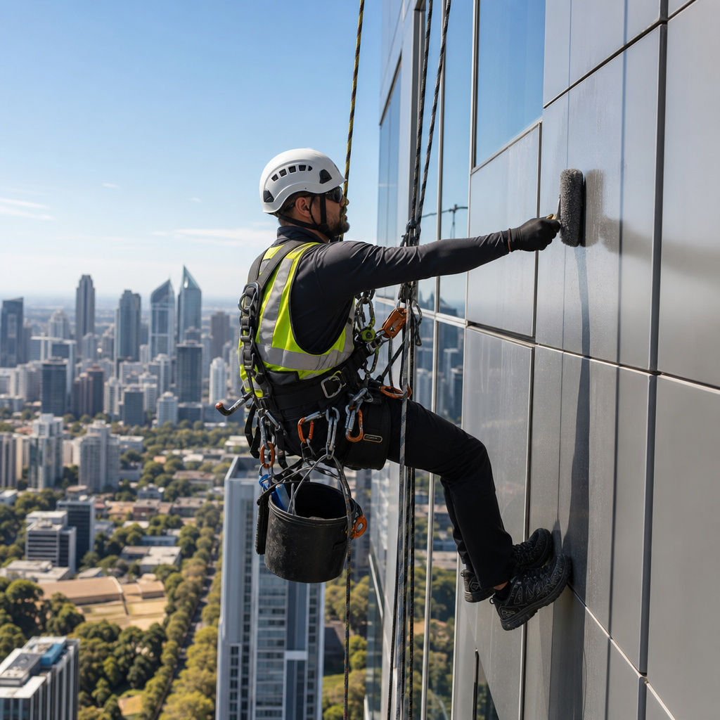 "Técnico especializado em trabalho em altura realizando a limpeza de uma fachada moderna de vidro e ACM, utilizando equipamentos de segurança completos e seguindo as normas da NR-35."