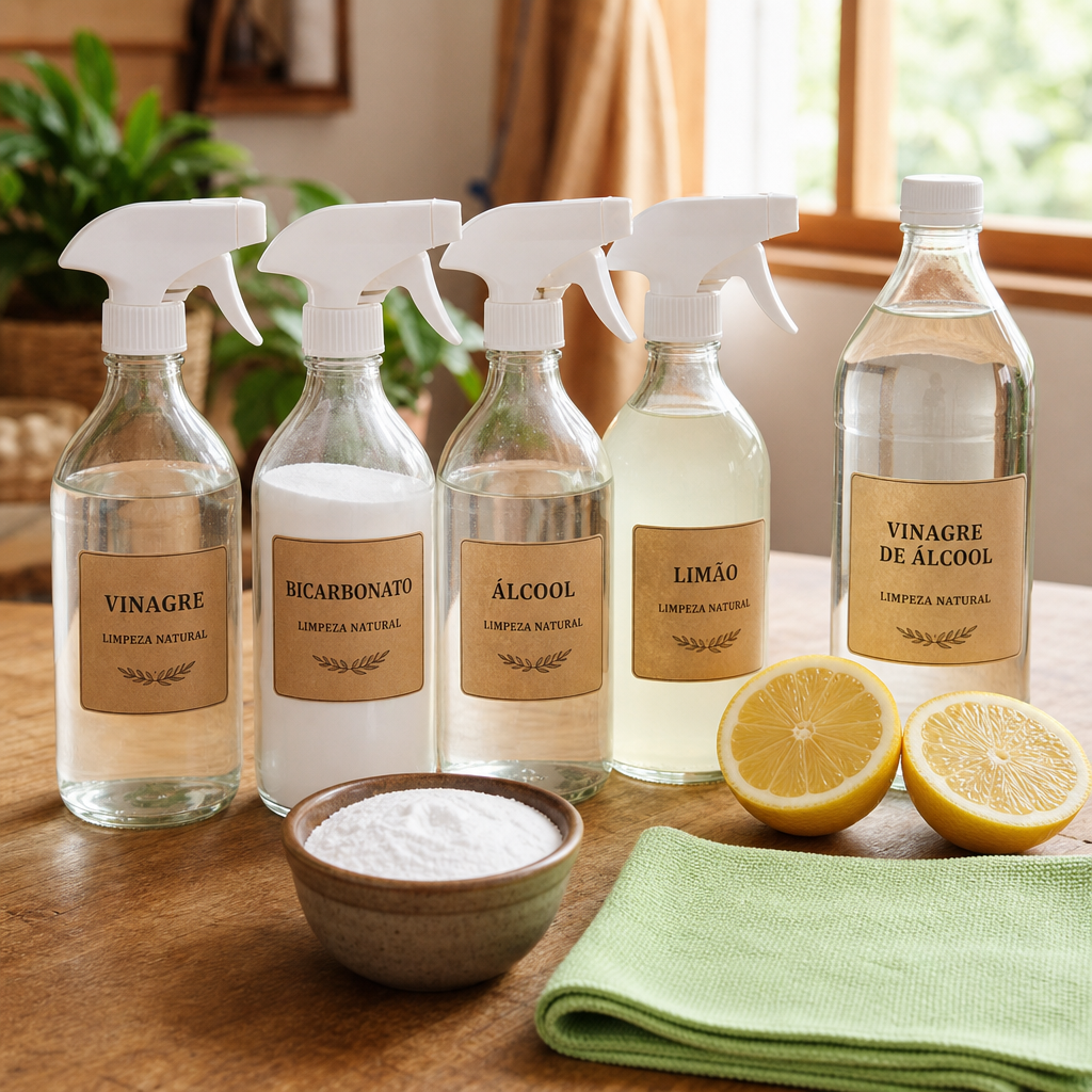  Frascos de vidro com rótulos naturais (vinagre, bicarbonato, álcool, limão), organizados em uma mesa de madeira, com ingredientes naturais ao lado e luz suave de janela.