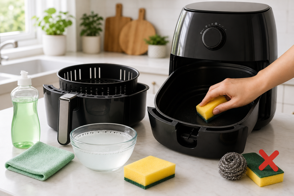 Ilustração de como limpar air fryer corretamente: air fryer desmontada com cesto e gaveta separados sobre o balcão, produtos de limpeza ao lado (esponja macia, pano de microfibra, detergente neutro e água morna) e símbolo de proibição indicando o que não usar na limpeza.