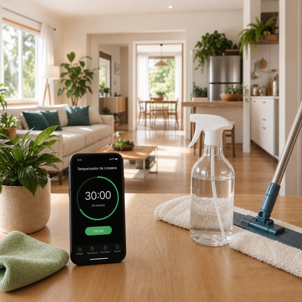 Cronômetro de 30 minutos ao lado de panos de microfibra, borrifador e mop, com uma casa limpa e iluminada ao fundo.