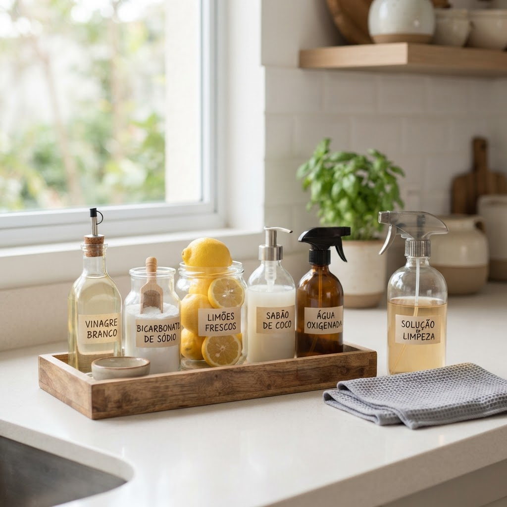 Ilustração fotorrealista de um balcão de cozinha limpo e organizado com frascos de vidro rotulados à mão contendo vinagre, bicarbonato de sódio, limões frescos, sabão de coco e água oxigenada, ao lado de um borrifador de vidro e um pano de microfibra, com luz natural suave e sensação de frescor e limpeza.