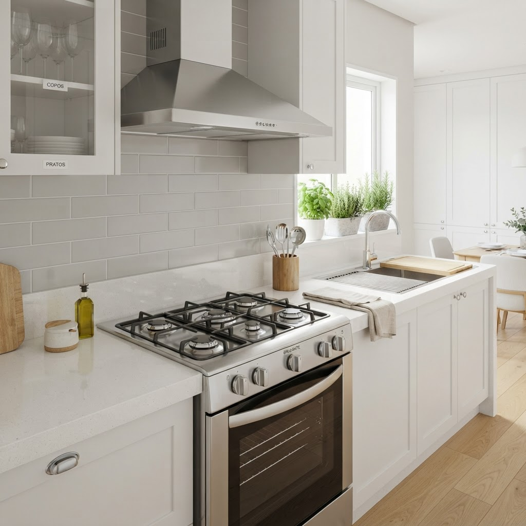 Ilustração fotorrealista de uma cozinha moderna perfeitamente limpa e brilhante, com bancada de pedra impecável, fogão e forno de aço inoxidável reluzentes, exaustor limpo, pia cromada brilhando e luz natural suave entrando pela janela, transmitindo frescor e organização.