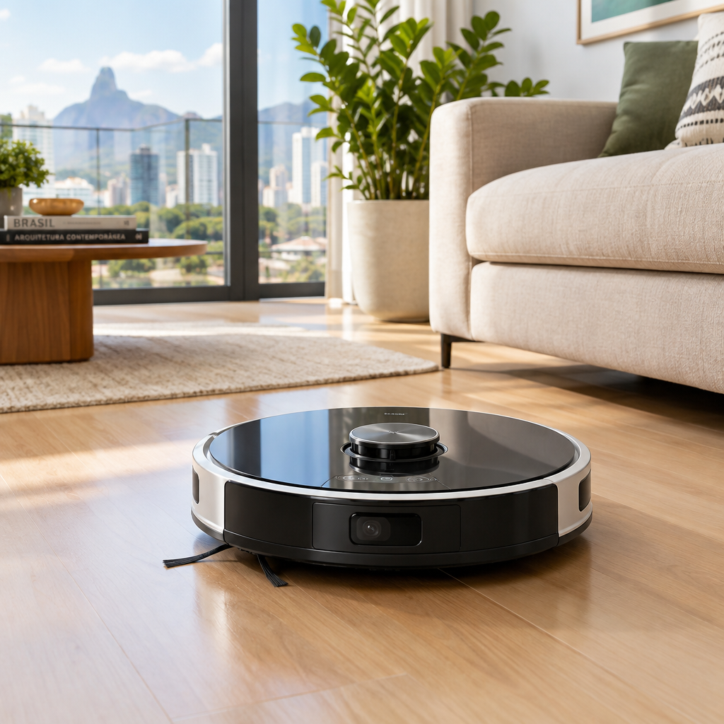 Robô aspirador moderno com sensor LiDAR limpando o piso de madeira de uma sala de estar clara e organizada — melhor robô aspirador 2026