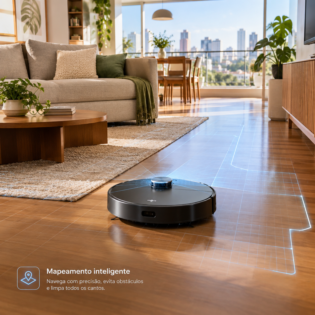 Robô aspirador moderno com sensor LiDAR limpando o piso de madeira de uma sala de estar clara e organizada — melhor robô aspirador 2026