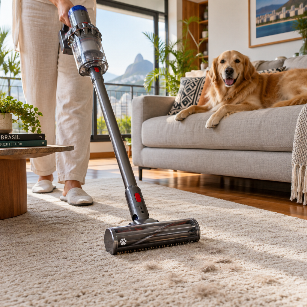 Aspirador vertical sem fio aspirando pelos de pet em tapete de sala de estar clara com cachorro deitado no sofá